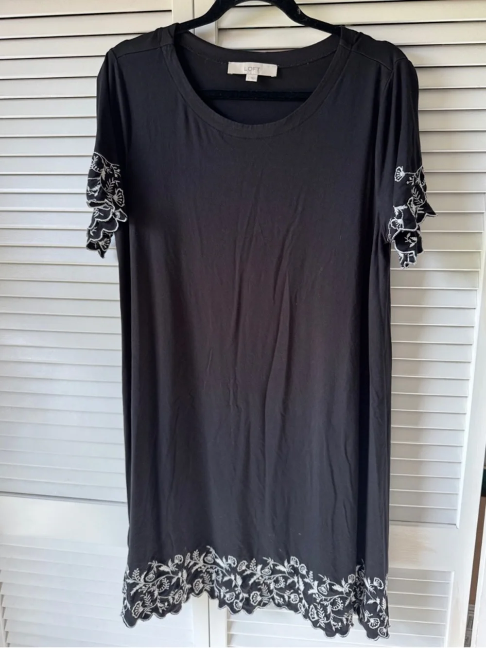 LOFT Black Shift Dress with White Floral Embroidery